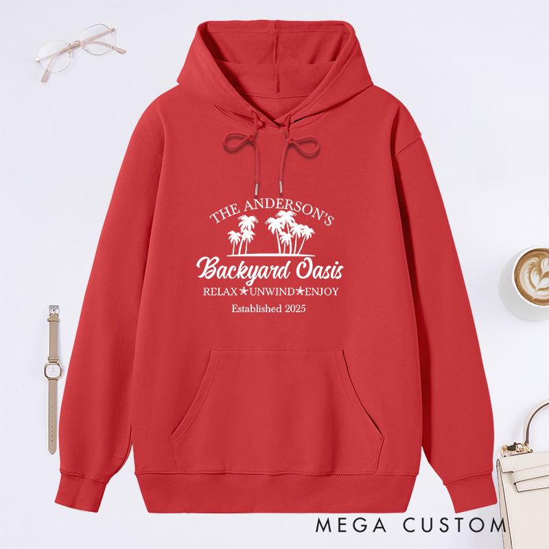 Personalized Hoodie Backyard Oasis Design Custom Family Name and Year Comfortable Christmas Sweatshirt for Housewarming Holiday Gift 