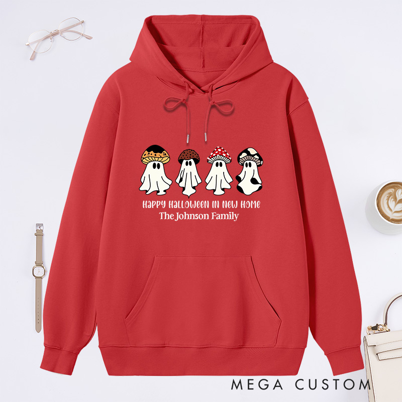 Personalized Hoodie Happy Halloween in New Home Design Custom Family Name Comfortable Sweatshirt for Housewarming Holiday Gift Halloween Theme