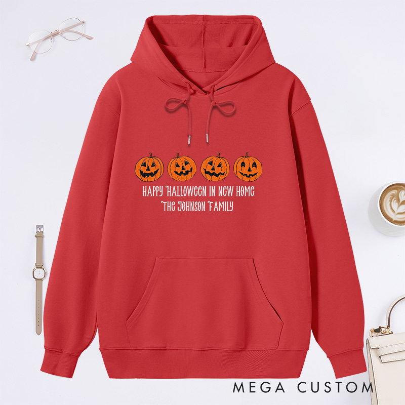 Personalized Hoodie Happy Halloween in New Home Design Custom Family Name Pumpkin Theme Comfortable Sweatshirt for Housewarming Halloween Gift