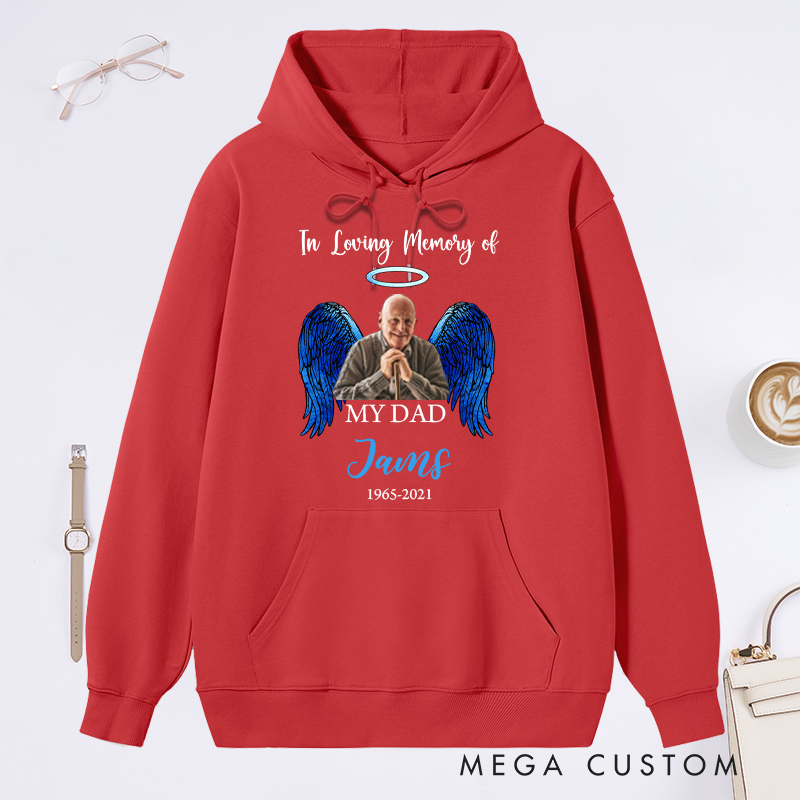Personalized in Loving Memory Hoodie Custom Photo Name Date Sympathy Gift for Loss of Father Angel Wings Sweatshirt 