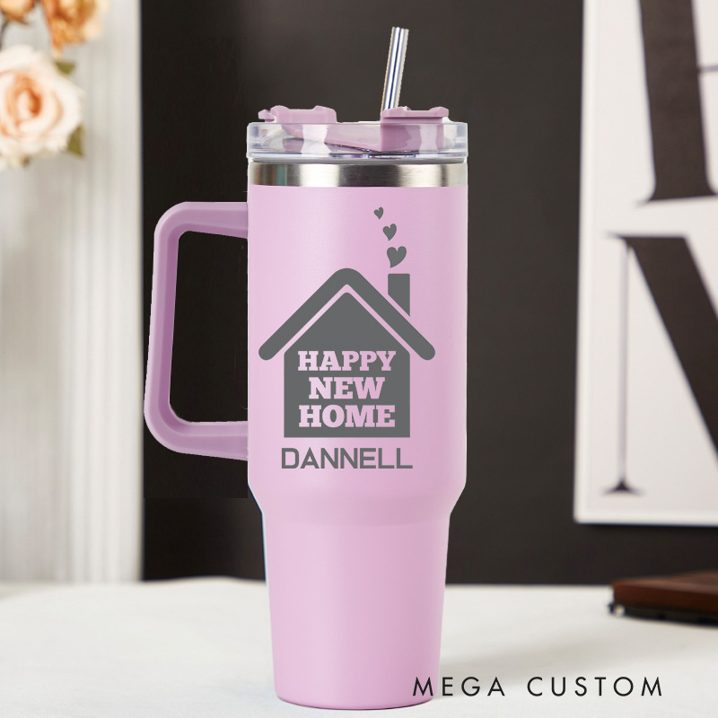 Personalized Happy New Home Design 40oz Tumbler with Handle and Straw Custom Housewarming Gift Cup Perfect for New Homeowners or Moving Celebration