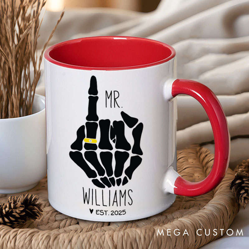 Personalized Couple Wedding Mr. and Mrs. with Skeleton Hand Mug Custom Engagement Mug with Name Valentine's Day Mug for Husband Wife Hubby Wifey