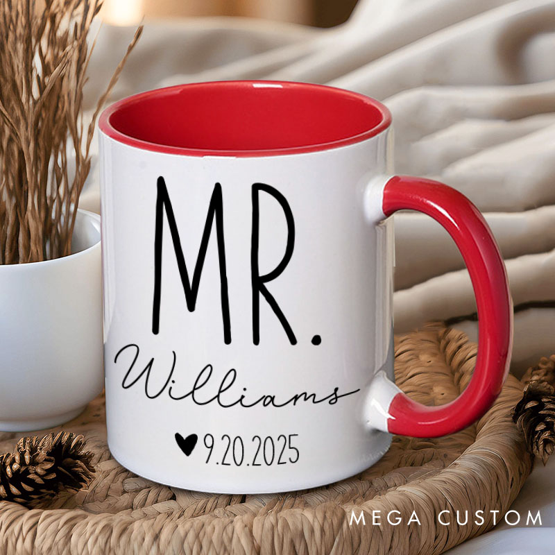Personalized Couple Classic Mr. and Mrs. Mug with Name and Date Newlywed Mug for Her Him Valentine's Day Mug for Husband Wife Hubby Wifey