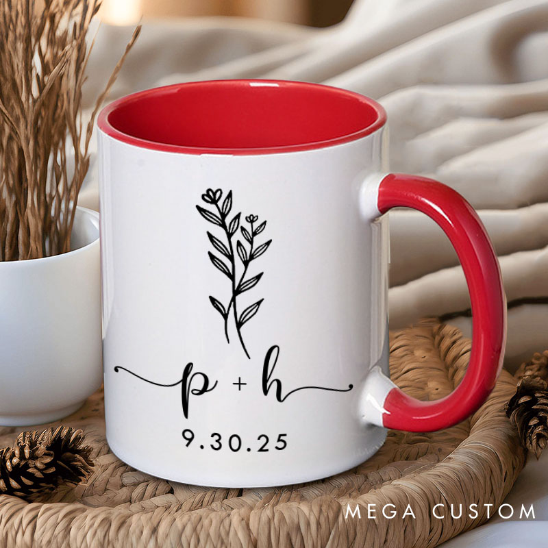 Personalized Couple Minimalist Floral Mug with Initials Custom Couple Coffee Mug with Date Valentine's Day Mug for Husband Wife Boyfriend Girlfriend