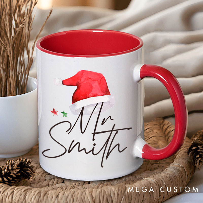 Personalized Couple Mr. and Mrs. with Christmas Hat Mug Custom Couple Xmas Coffee Mug with Name Christmas Mug for Husband Wife Hubby Wifey