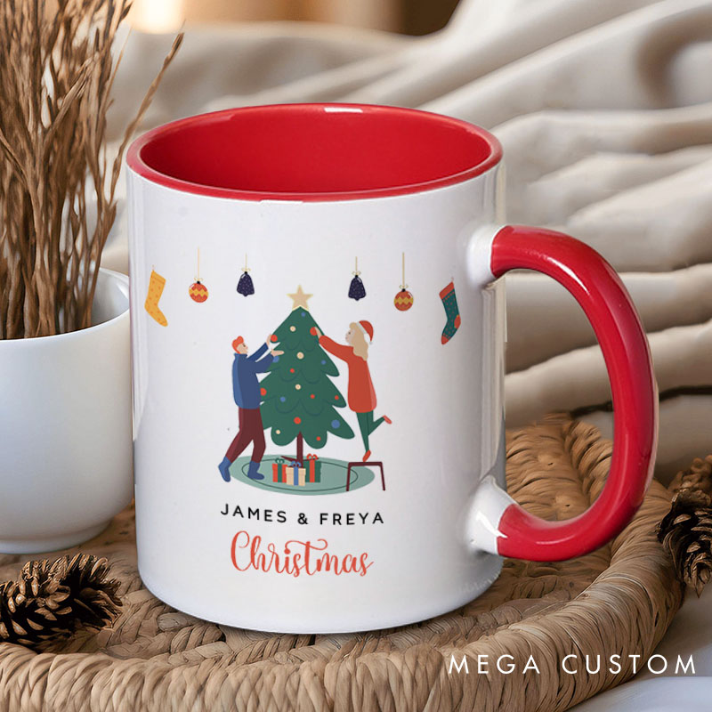 Personalized Couple Decorating a Christmas Tree Mug Custom Couple Name Xmas Coffee Mug Christmas Mug for Husband Wife Boyfriend Girlfriend