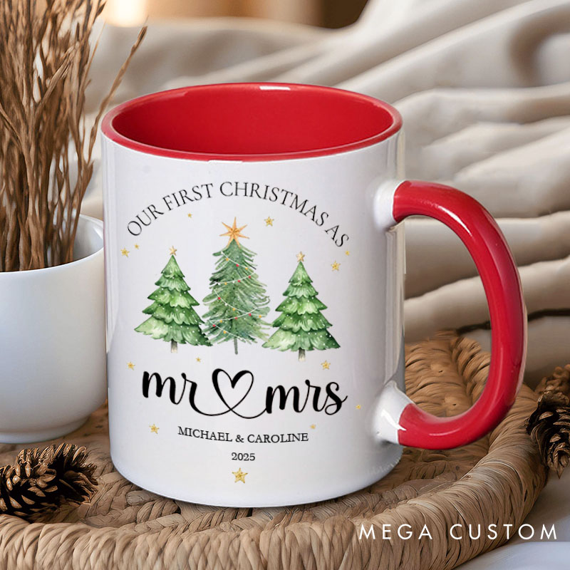 Personalized Couple Our First Christmas as Mr. and Mrs. Mug Custom Couple Xmas Tree Coffee Mug with Name Christmas Mug for Husband Wife Hubby Wifey