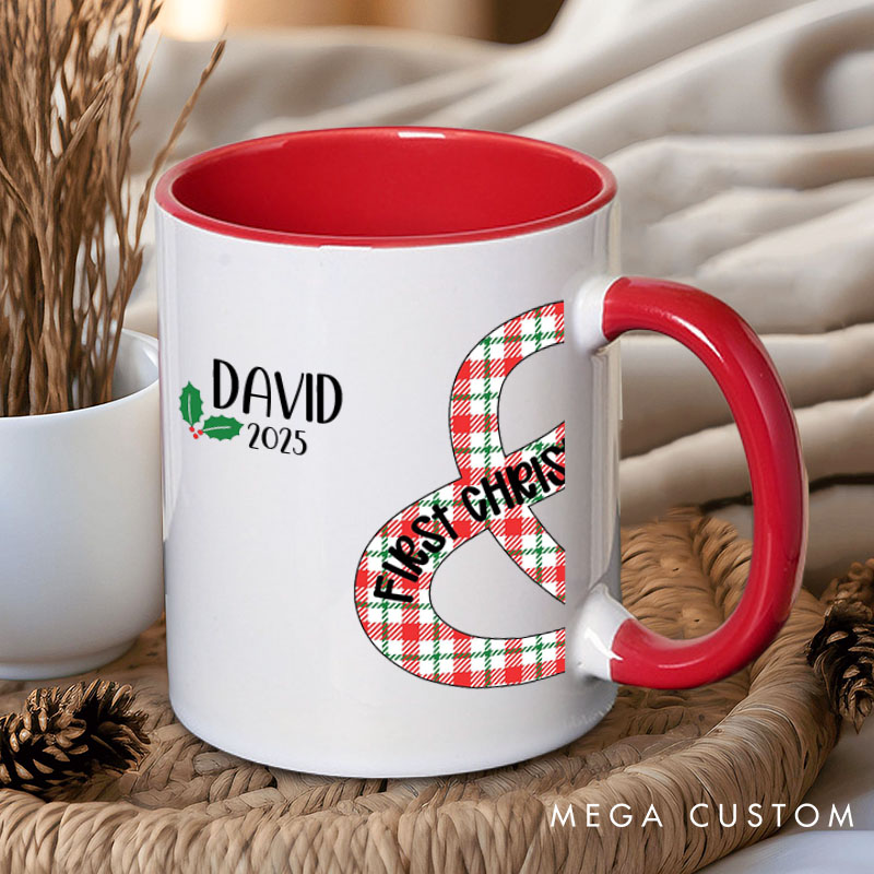 Personalized Couple Plaid with Christmas Hat Mug Custom Couple Name Xmas Coffee Mug Christmas Mug for Husband Wife Boyfriend Girlfriend