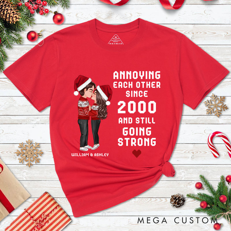 Personalized Christmas Hugging Kissing Couple T-Shirt Xmas Gift Shirt for Him Her Christmas Couple Top Cloth