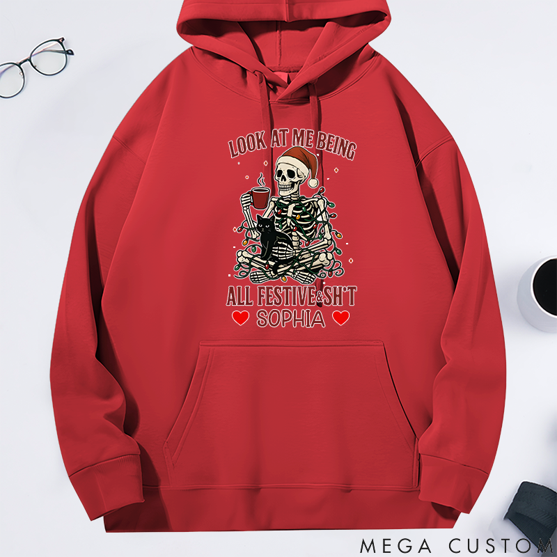 Personalized Classic Hoodie Christmas Skeleton Coffee Black Cat Theme