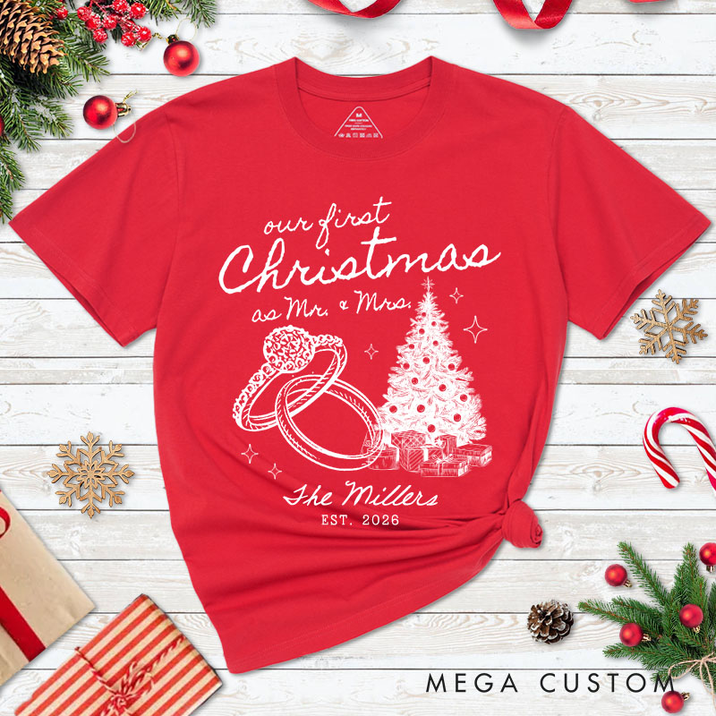 Personalized Couple Our First Christmas as Mr. and Mrs. T-Shirt Custom Newlyweds Wedding Rings Xmas Shirt for Husband Wife Married Tees Christmas Gift
