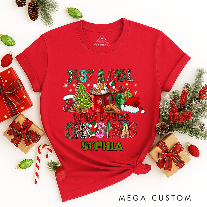 Personalized Name Classic T-Shirt Just a Girl Who Loves Christmas T-Shirt