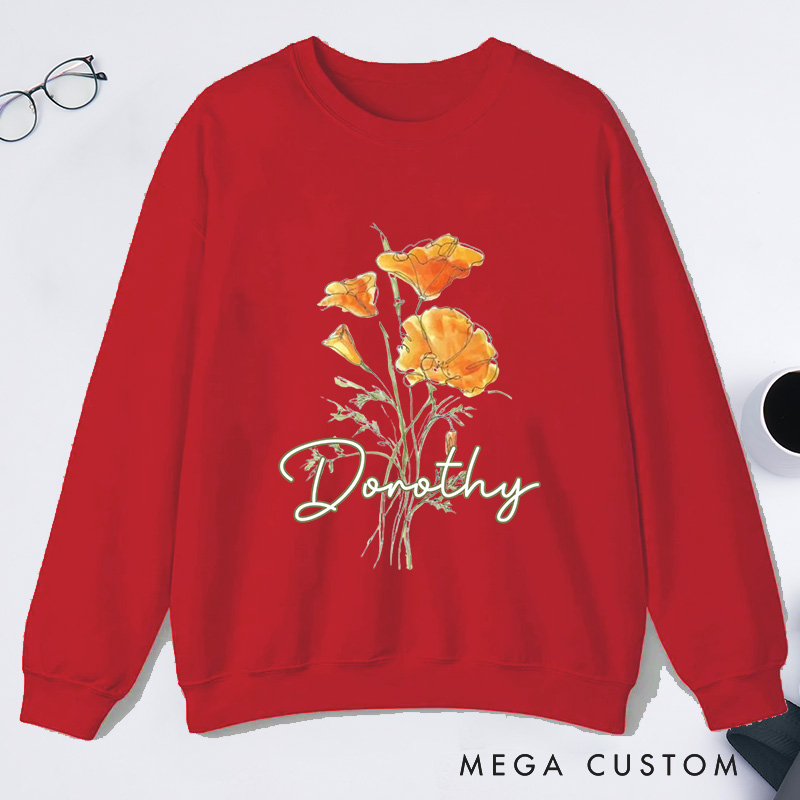 Personalized Golden Poppy Classic Sweatshirts Wildflower Sweatshirt with Name Botanical Sweatshirt Plant Lover Gift Gardening Gift for Gardener
