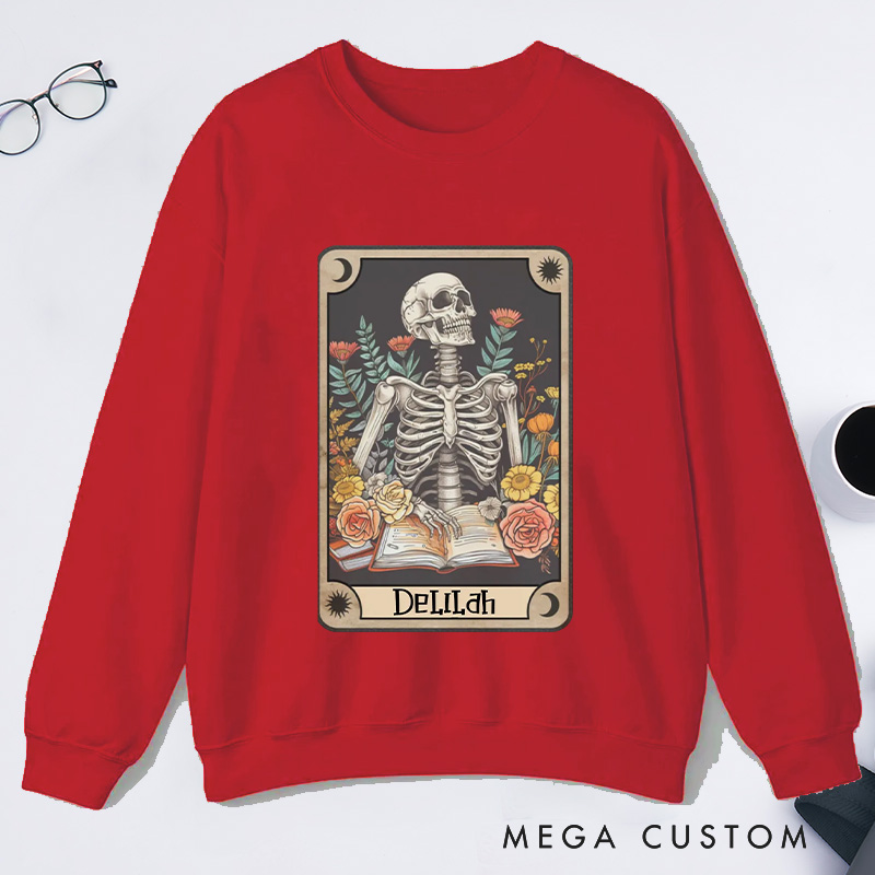 Personalized The Reader Tarot Card Classic Sweatshirts Skeleton Reading Sweatshirt with Name Book Lover Gift Librarian Gift
