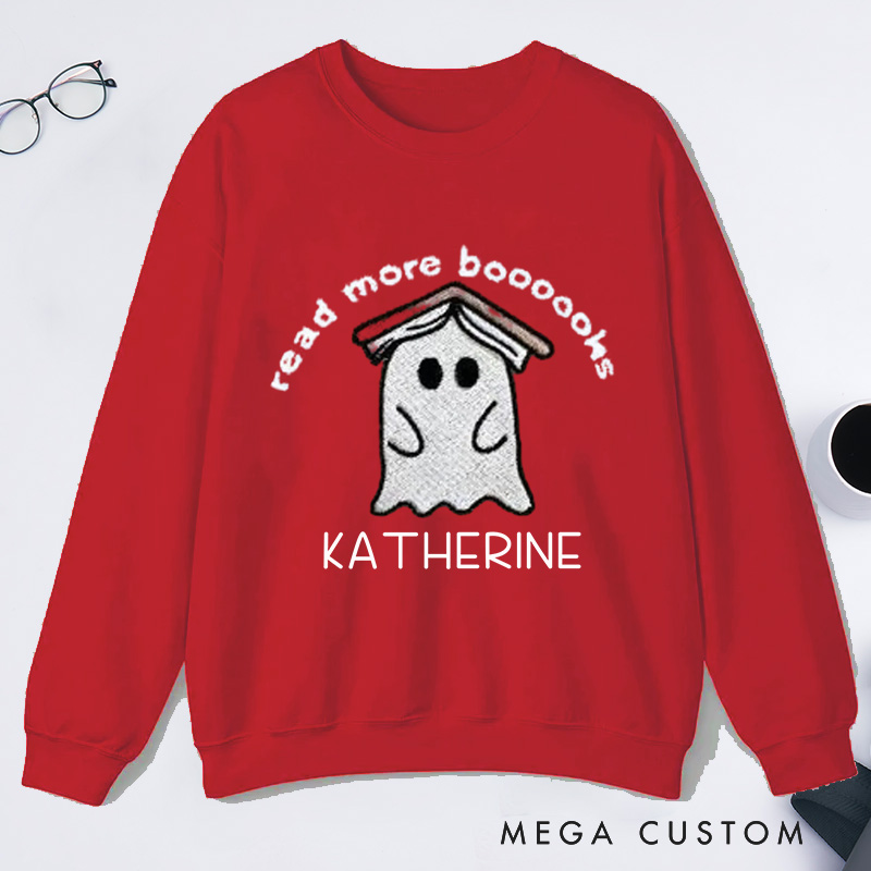 Personalized Ghost Book Classic Sweatshirts Fall Spooky Season Sweatshirt Reading Ghost Sweatshirt Book Lovers Gift Halloween Gift