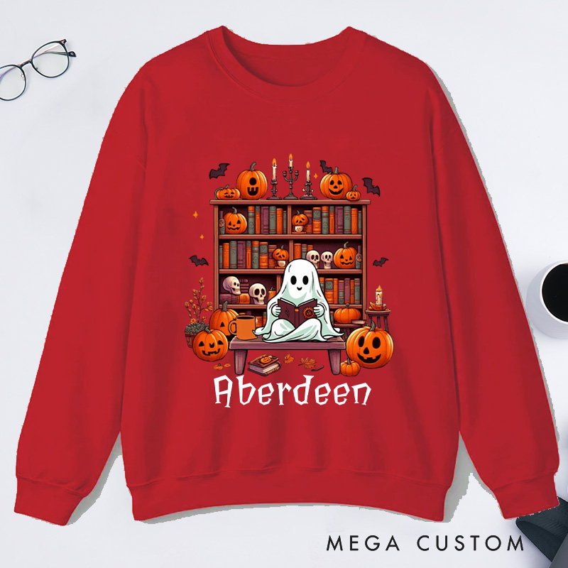 Personalized Ghost Book Reader Classic Sweatshirts Halloween Sweatshirt Bookish Sweatshirt with Name Book Lover Gift Librarian Gift Halloween Gift