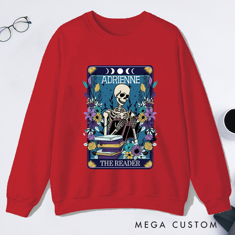 Personalized The Reader Classic Sweatshirts Skeleton Tarot Sweatshirt Bookish Sweatshirt with Name for Book Lover Gift Librarian Gift