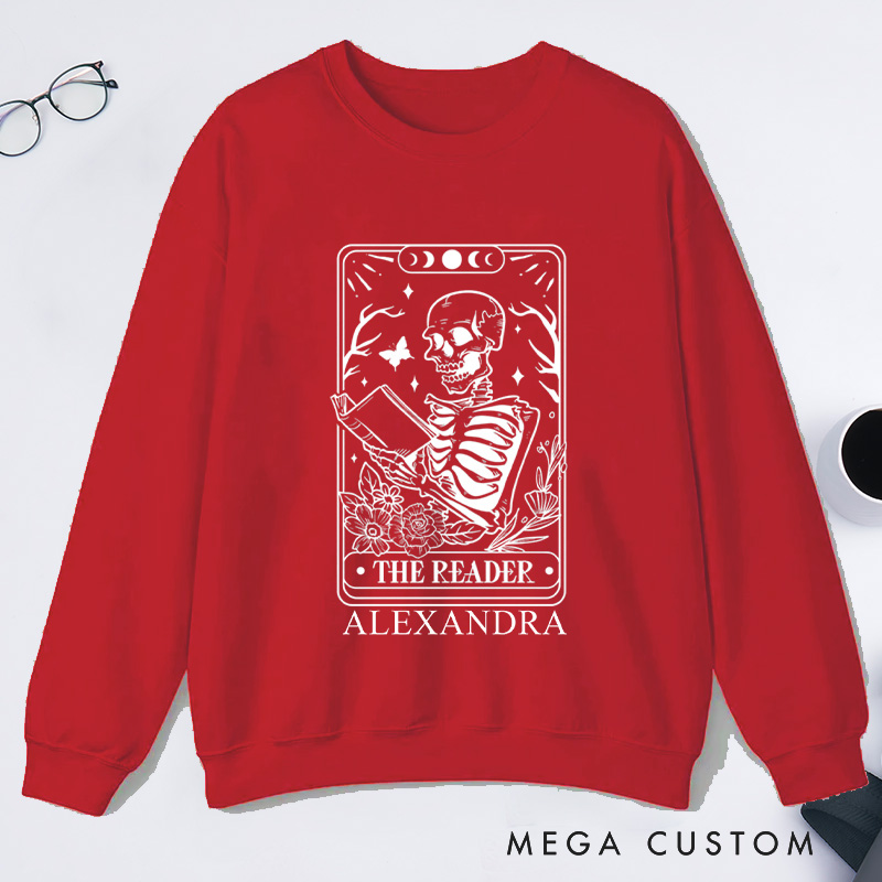 Personalized The Reader Tarot Card Classic Sweatshirts Skeleton Sweatshirt Bookish Sweatshirt with Name Book Lover Gift Librarian Gift Reader Gift