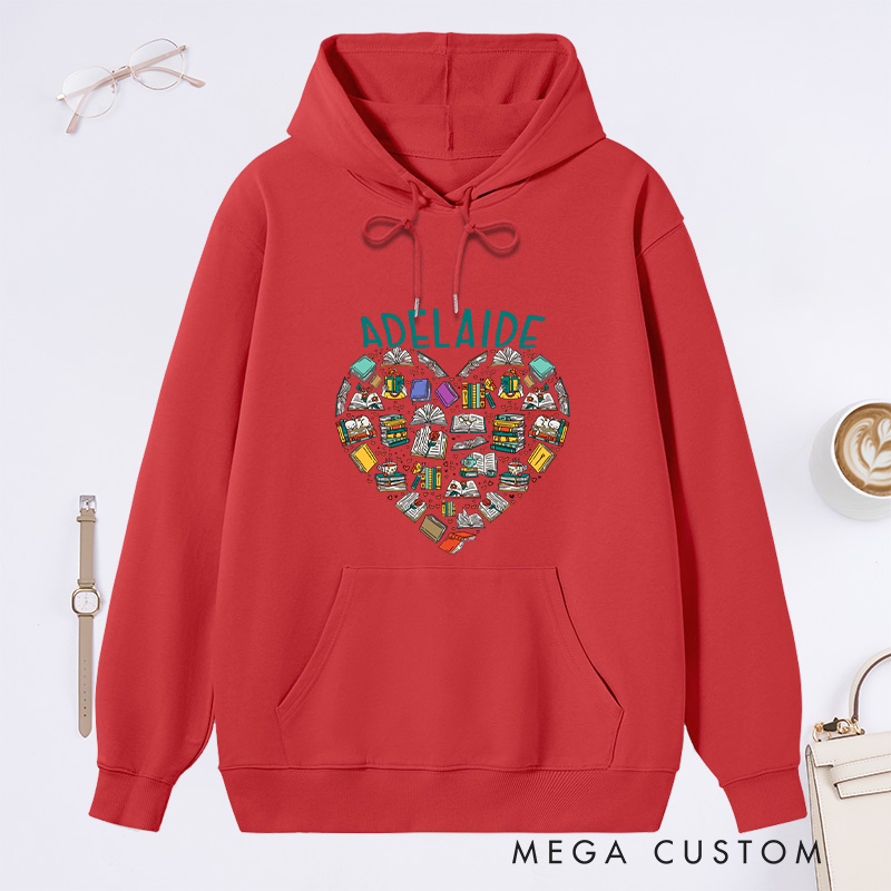 Personalized Books Heart Classic Hoodies Custom Book Lover Hoodies with Name Reading Hoodies Librarian Gift Book Lover Gift for Reader