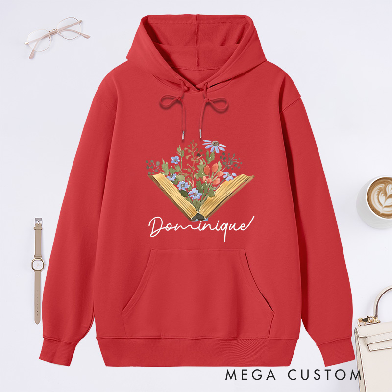 Personalized Flower Book Classic Hoodies Bookish Wildflower Hoodies Custom Book Lover Hoodies with Name Librarian Gift Reading Gift for Reader