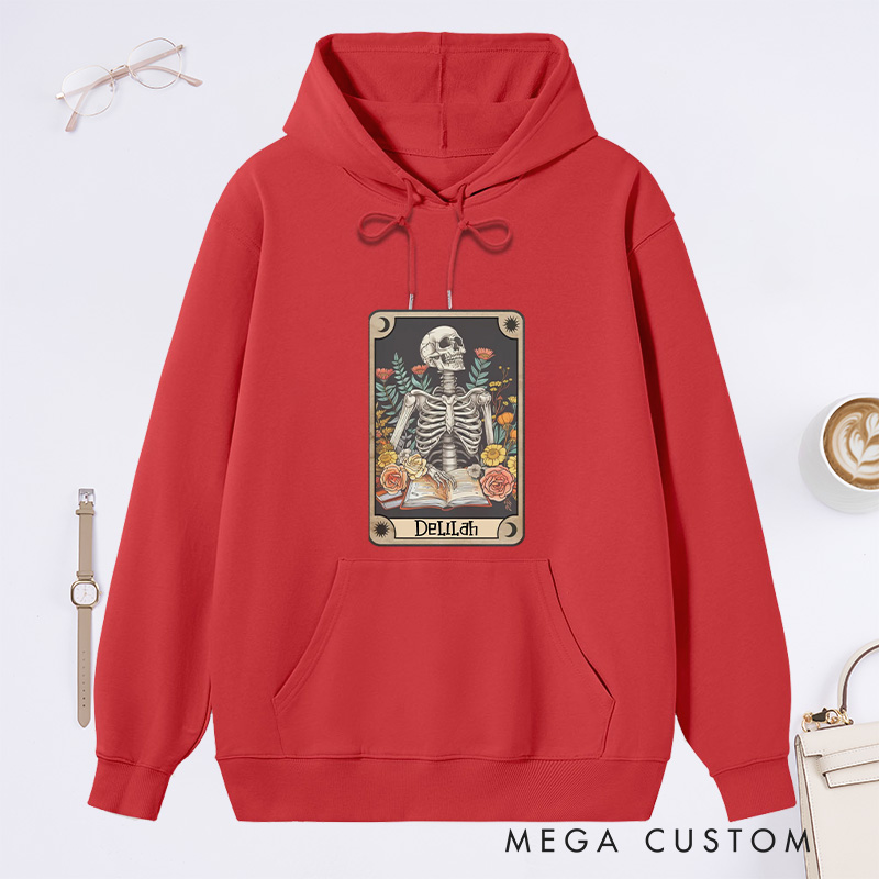 Personalized The Reader Tarot Card Classic Hoodies Skeleton Reading Hoodies Custom Bookish Hoodies with Name Librarian Gift Book Lover Gift