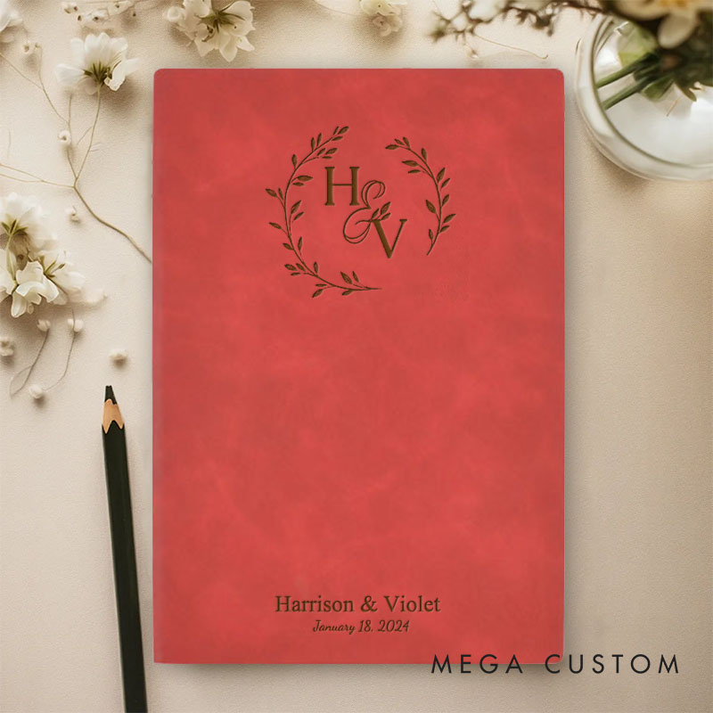 Personalized Laurel Branches with Initials and Date Wedding Couple Leather Journal Notebooks