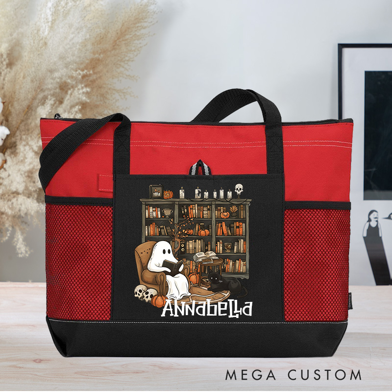 Personalized Retro Ghost Reading Books Tote Bag Book Lover Bag with Name Halloween Bag Halloween Gift Librarian Gift Book Lover Gift
