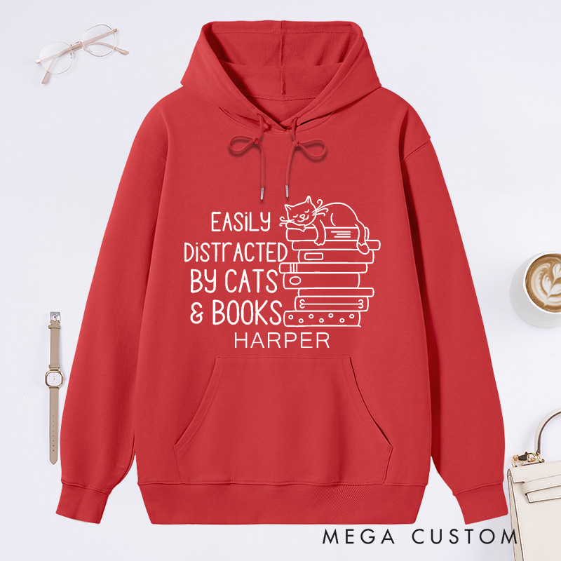 Personalized Easily Distracted By Cats And Books Classic Hoodies Book Lover Gift Funny Cat Hoodies