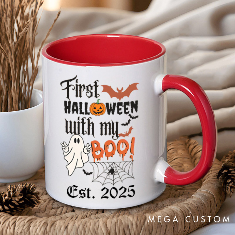 Personalized First Halloween with My Boo Ghost and Pumpkin Two Tone Color Couple Mugs 