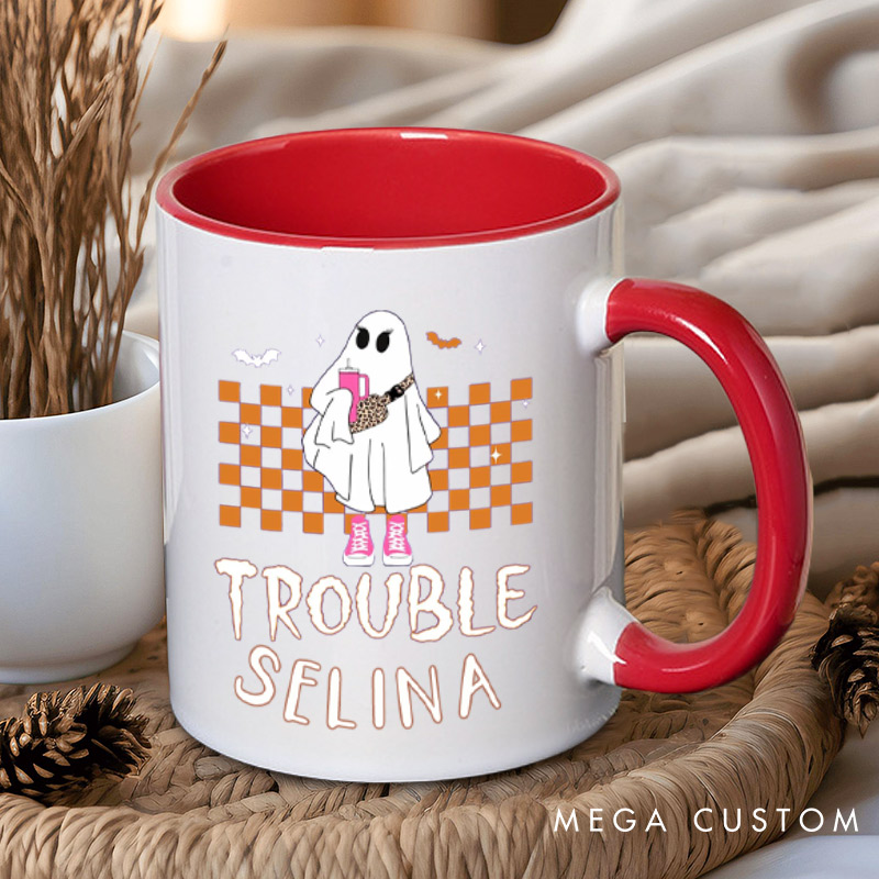 Personalized Where I Go Trouble Follows Ghost with Checkered Background Couple Mugs 