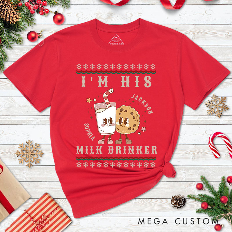 Personalized Couple I'm Her Cookie Eater Christmas Matching T-Shirt Couple I'm His Milk Drinker Xmas T-Shirt for Husband Wife Boyfriend Girlfriend