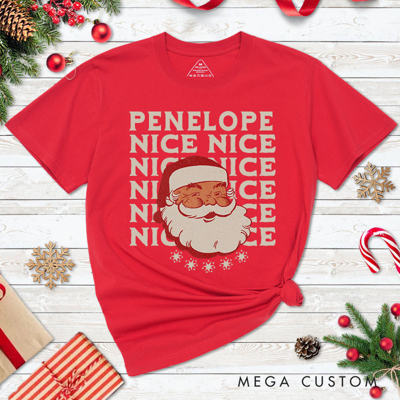 Personalized Couple Retro Naughty and Nice with Santa Christmas T-Shirt Couple Xmas Matching T-Shirt for Husband Wife Boyfriend Girlfriend