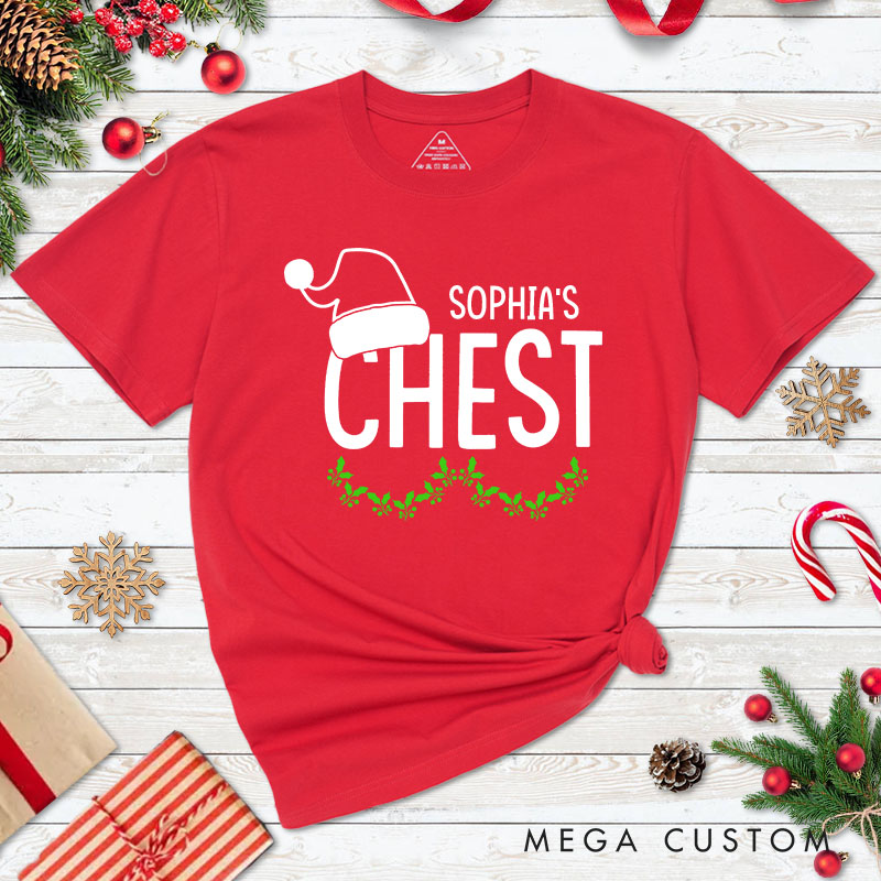 Personalized Couple Funny Nuts and Chest Christmas Matching T-Shirt Couple Xmas Santa Hats T-Shirt for Husband Wife Boyfriend Girlfriend