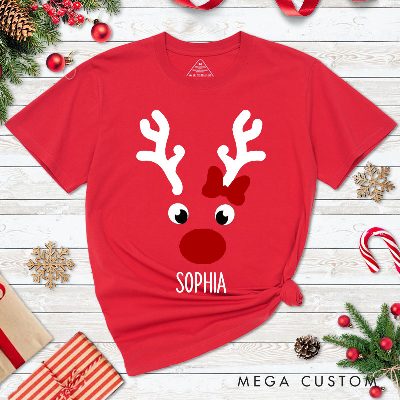 Personalized Couple Cute Reindeer Faces with Antler Christmas Matching T-Shirt Couple Xmas T-Shirt for Husband Wife Boyfriend Girlfriend