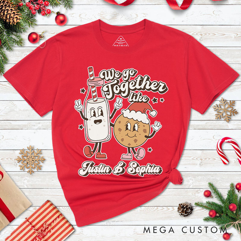 Personalized Couple We Go Together Like Christmas Milk and Cookie T-Shirt Couple Xmas Matching T-Shirt for Husband Wife Boyfriend Girlfriend