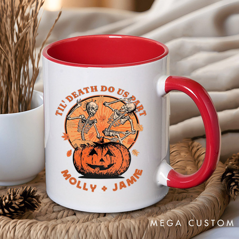 Personalized Til Death Do Us Part Pumpkin Skeleton Couple Halloween Couple Mugs 