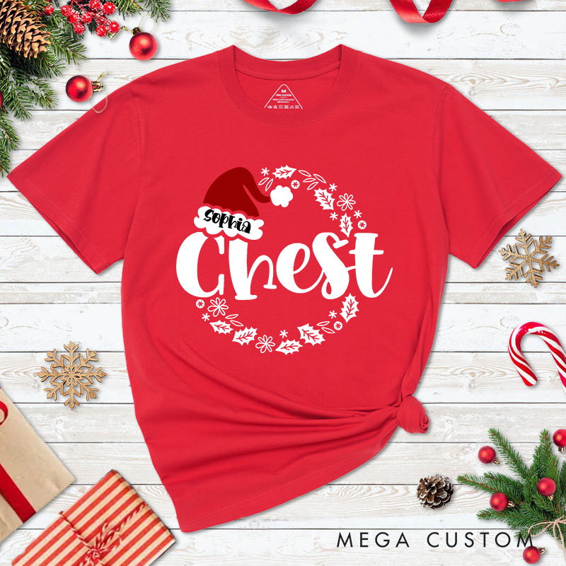 Personalized Couple Funny Nuts and Chest with Santa Hat T-Shirt Couple Xmas Matching T-Shirt for Husband Wife Boyfriend Girlfriend Tee Tops