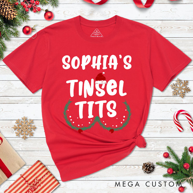 Personalized Couple Humor Jingle Balls and Tinsel Tits with Santa Hat T-Shirt Couple Xmas Matching T-Shirt for Husband Wife Boyfriend Girlfriend Tees