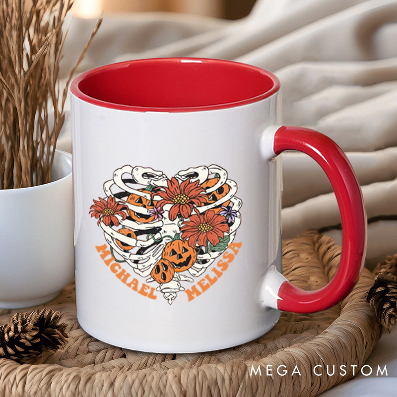 Personalized Floral Skeleton Ribcage with Pumpkins Halloween Couple Mugs