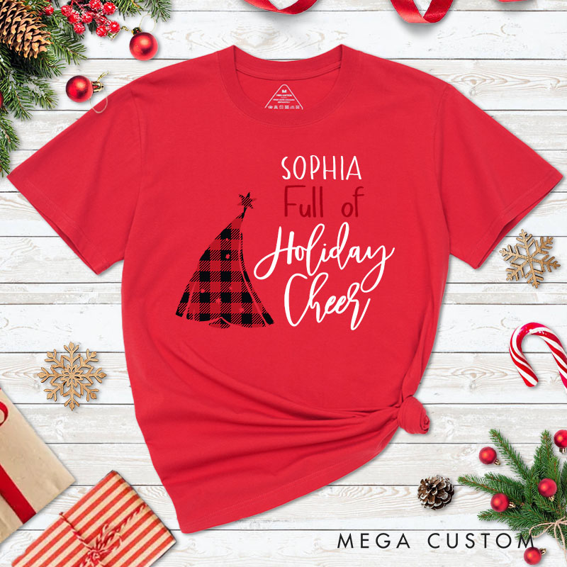 Personalized Couple Plaid Just Full of Beer and Full of Holiday Cheer Christmas T-Shirt Couple Xmas T-Shirt for Husband Wife Boyfriend Girlfriend Tees