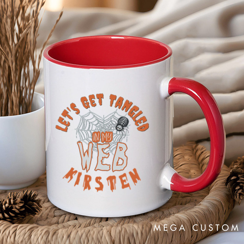 Personalized Rattle My Bone and Let's Get Tangled in My Web Halloween Couple Mugs