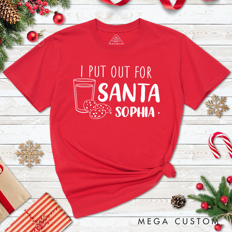 Personalized Couple Santa and I Put Out for Santa Christmas T-Shirt Couple Milk and Cookie Xmas Matching Tees for Husband Wife Boyfriend Girlfriend