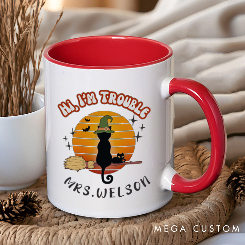 Personalized Trouble Follows Halloween Cat Couple Halloween Couple Mugs