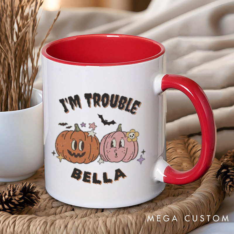 Personalized Where I Go Trouble Follows & I'm Trouble Pumpkin Halloween Couple Mugs