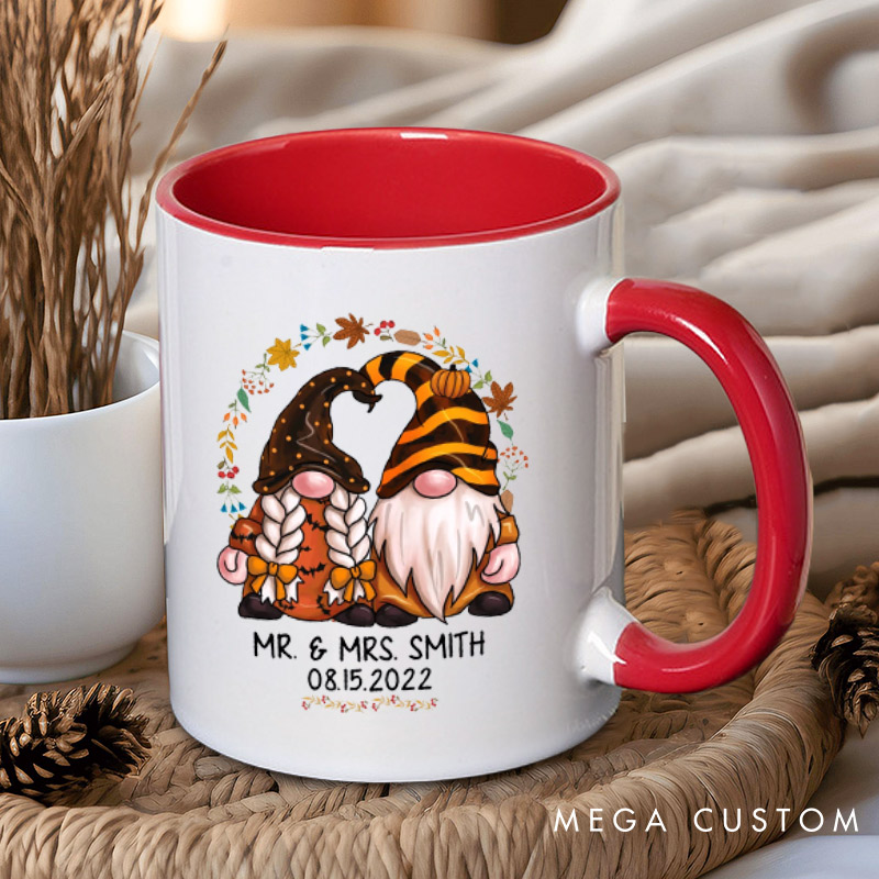 Personalized Mr and Mrs Autumn Gnome Couple Halloween Couple Mugs