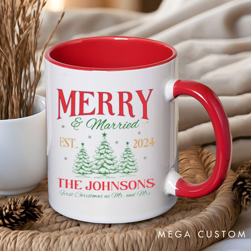 Personalized Joyful Merry and Married the First Christmas as Mr and Mrs Couple Mugs