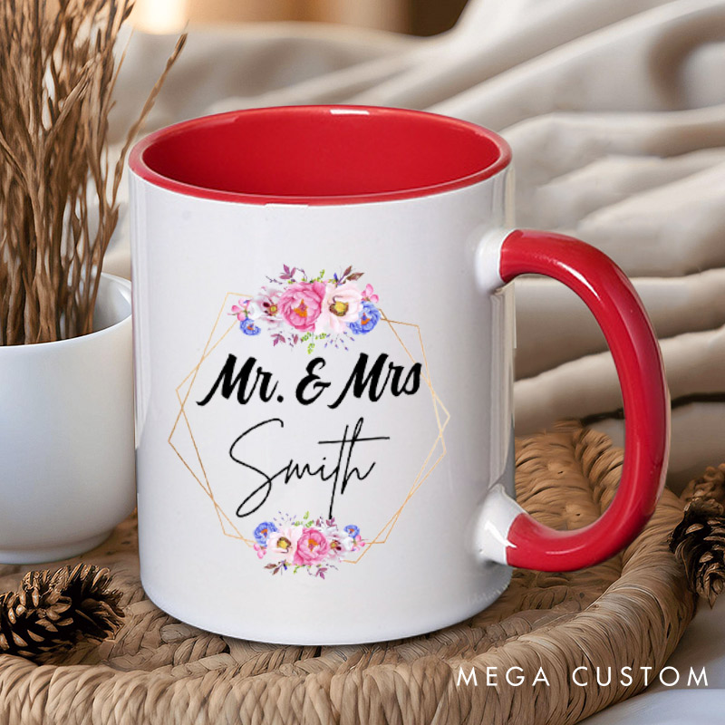 Personalized Geometric Frame with Watercolor Floral Mr and Mrs Wedding Couple Mugs
