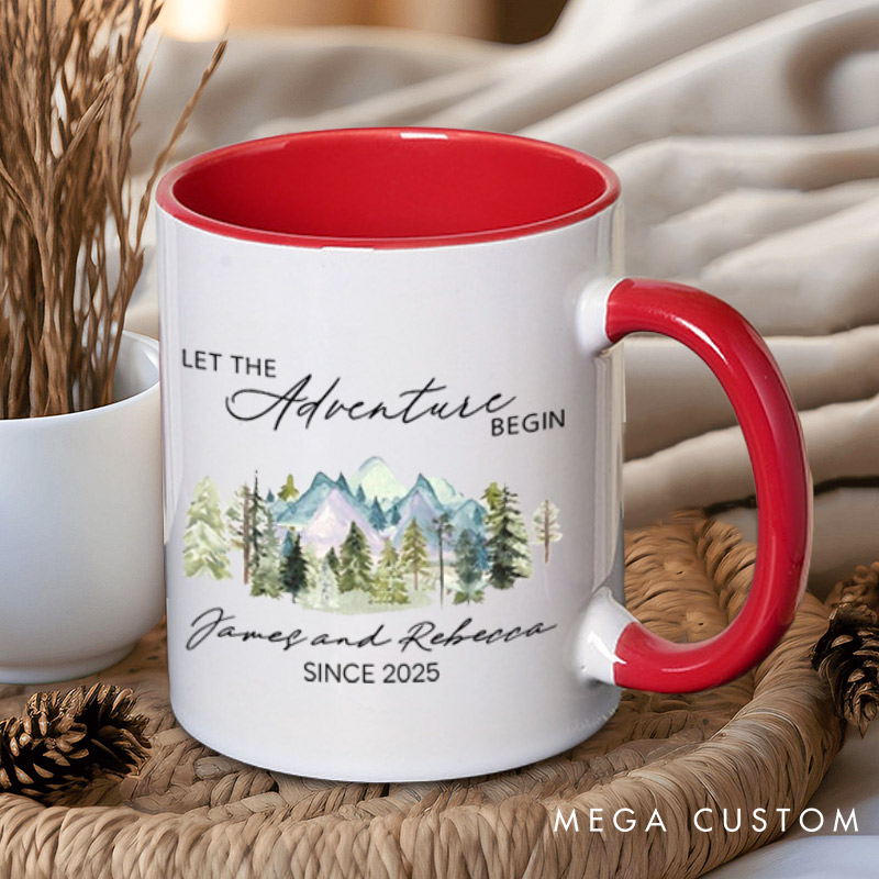 Personalized Mountain Scenic Let the Adventure Begin Newlyweds Wedding Couple Mugs