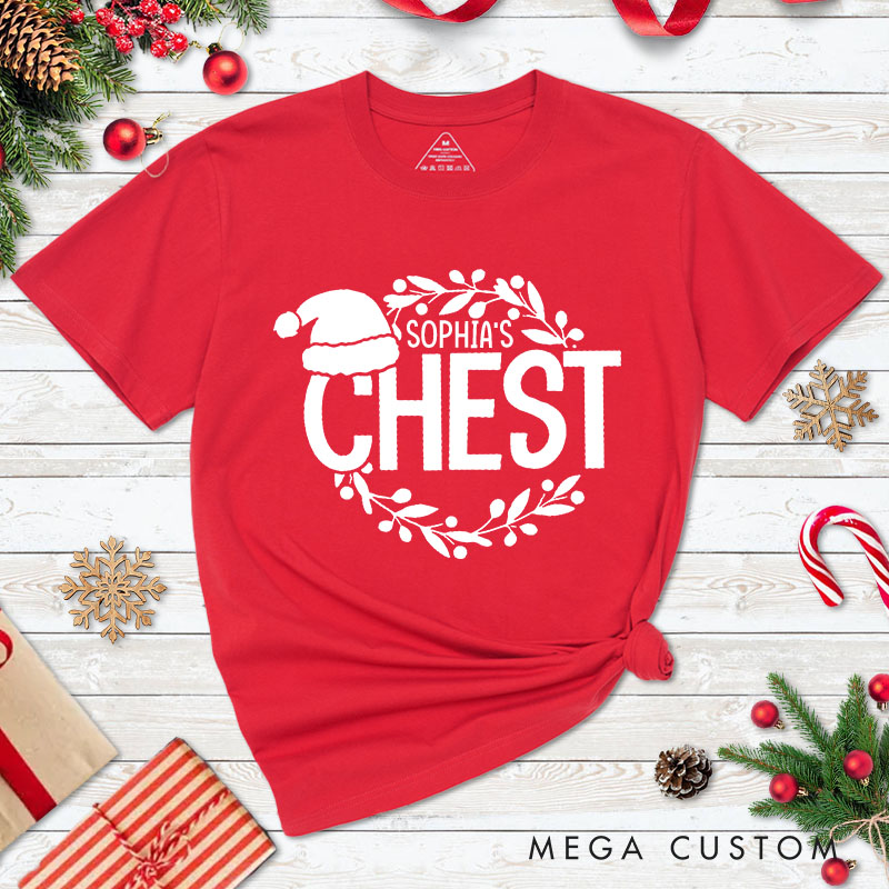 Personalized Couple Fun Nuts and Chest Christmas Matching T-Shirt with Name Couple Xmas Balls and Wreath T-Shirt for Husband Wife Boyfriend Girlfriend
