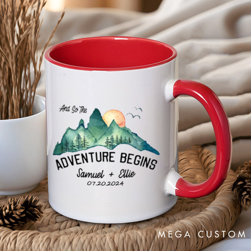 Personalized Scenic And So The Adventure Begins Newlyweds Wedding Couple Mugs